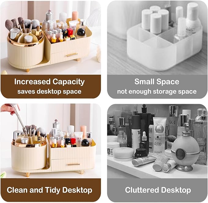 Rotating Makeup Organizer for Vanity with Brush Holder and Drawer, Cosmetic Makeup Storage, Large Spinning Makeup Skincare Organizer, Countertop Makeup Perfume Organizer, Lotions Display Case (Ivory)