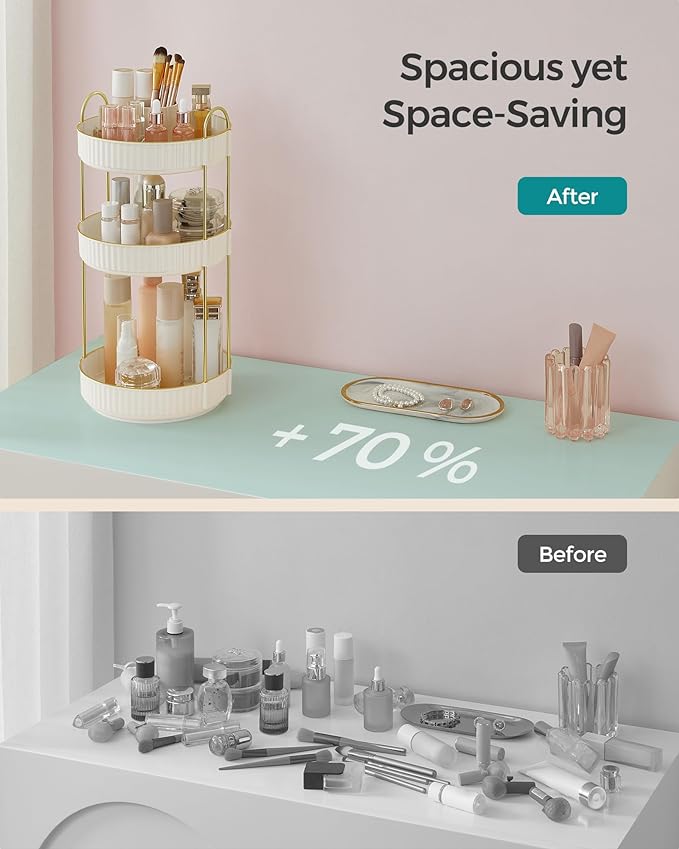 SONGMICS Makeup Organizer, 3-Tier Round Rotating Skincare Organizer Countertop, Customizable, Toiletries Vanity Organizer, Lazy Susan, Gift for Mom, Cloud White UJKA011W01