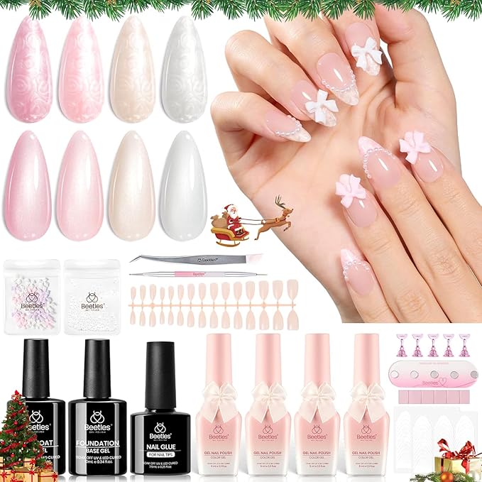 Beetles Gel Nail Polish Gift Set, Beetles X DIY Nail Songs of Ballet Nail Trend Set Pearl nail polish with Nail Charm Ribbon Bow Pearls French Stickers DIY Collection home Salon Gift for Women