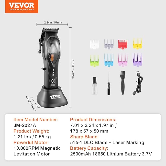 VEVOR Hair Clipper for Men with Magnetic Motor 10000RPM, Cordless Barber Clipper with DLC Fade Blade, Men's Hair Cutting Grooming Kit with 8 Guide Combs for Home Barber, Ideal Gift for Man