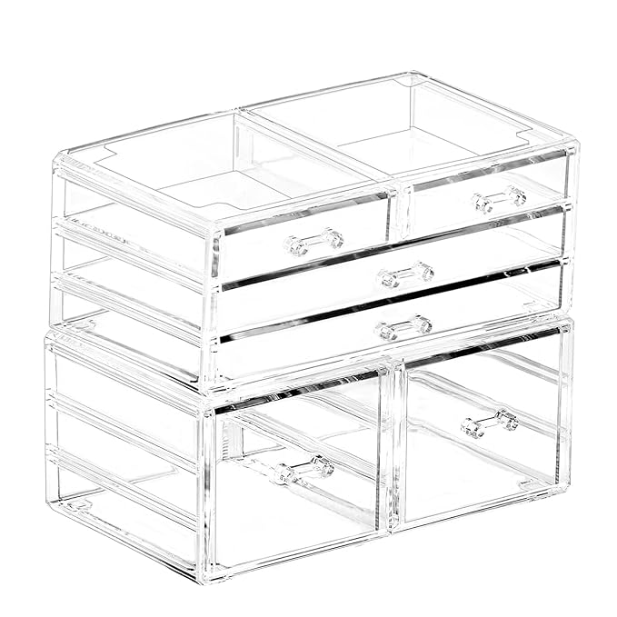 Cq acrylic 2 Pack Clear Stackable Storage Drawers for Vanity,Stackable 6 Drawers Desktop Organizer With Drawers,Cute Desk Storage for Office,Jewelry,Hair Clip,Beauty,Skincare and Make Up Organizers