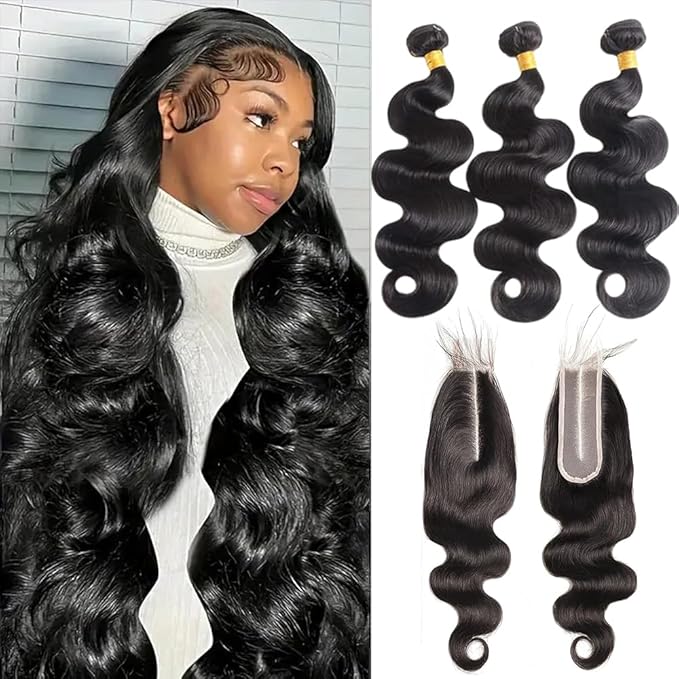 Body Wave Bundles With Closure Human Hair(14 16 18+2X6 Lace Closure 12Inch) Body Wave Bundle With 2X6 Hd Lace Closure With 3 Bundles Human Hair Natural Black