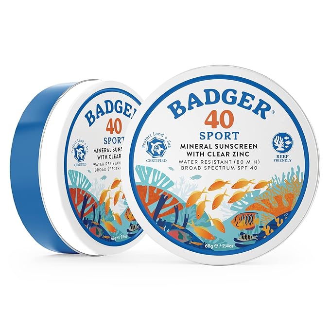 Badger Reef Safe Sunscreen Tin, Unscented SPF 40 Sport Mineral Sunscreen, 98% Organic, 80min Water Resistant Travel Size Hawaii Approved, 2.4 oz Tin, 2-Pack