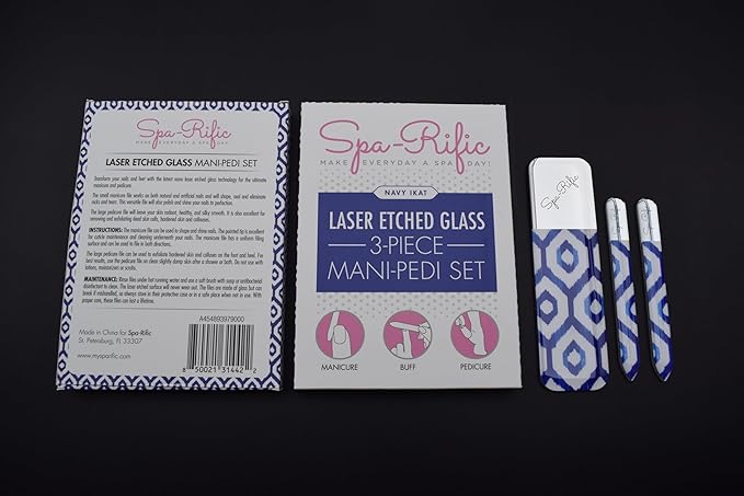 Spa-Rific 3pc Nano File Set: Professional Heavy Duty Glass Nail Files with Case Kit - Reusable Crystal Fingernail Manicure and Pedicure Tools for Men, Women, and Adults - Navy Ikat