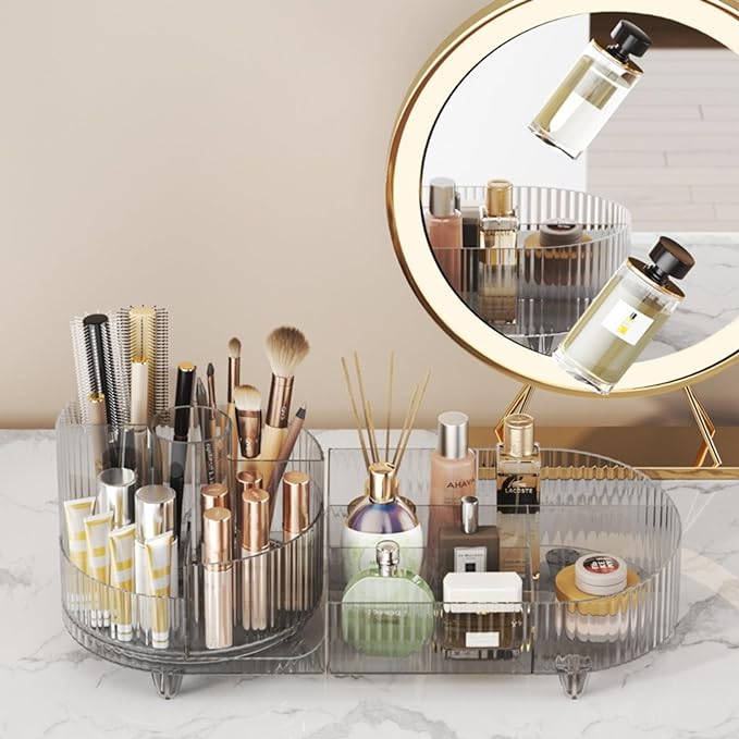 Rotating makeup organizer,Large Capacity Cosmetic Display Case, easy to hold all of your makeup products, at least 20 makeup brushes/eyeliner,10 lipsticks,8 skincare products(Crystal Clear)
