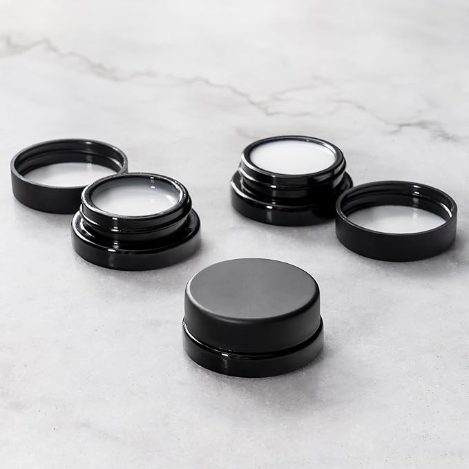 (90 Pack) 7ml Low Profile Thick Black Glass Jars with Black Lids - Airtight Containers for Oil, Lip Balm, Wax, Cosmetics
