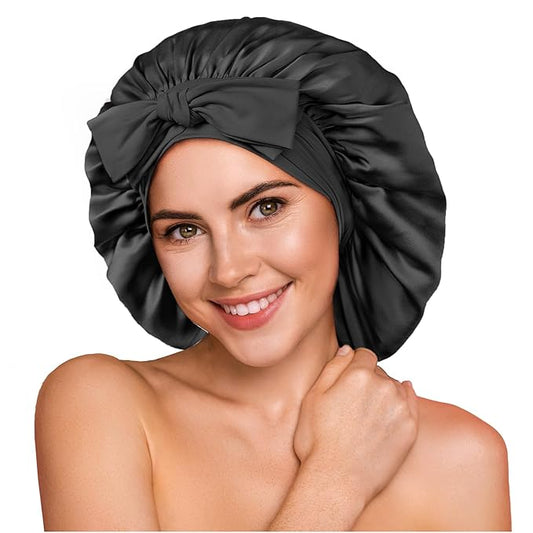 YFONG 100% 22 Momme Mulberry Silk Bonnet for Sleeping Women, Larger Double Layer Silk Hair Wrap for Curly Short Long Hair, Non-Slip Sleep Cap Turban with Elastic Tie Band for Hair Care, Black
