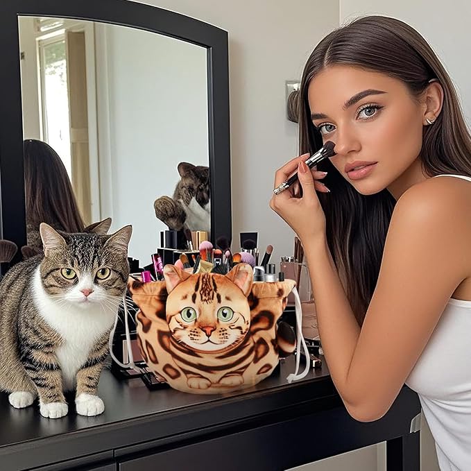 Openhaha Drawstring Travel Organizer, Cosmetic Pouch - Cat Gift, Lay Flat Makeup Bag Gifts for Cat Lovers