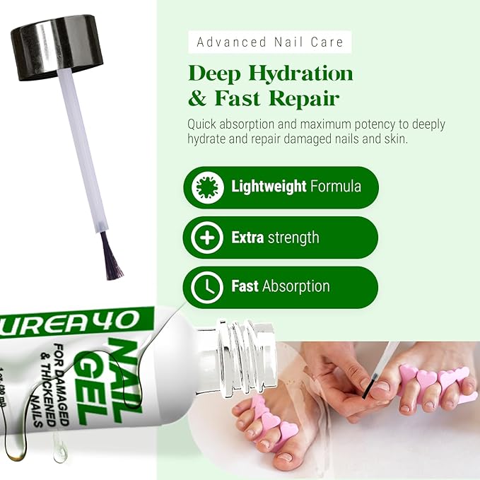 Urea Nail Gel - Softens Cracked Heel Calluses & Thick Toenails - Repairs Damaged, Yellow, Discolored Nails – Highly Effective & Quick-Dry Fingernails & Toenail Treatment (Urea 40%)