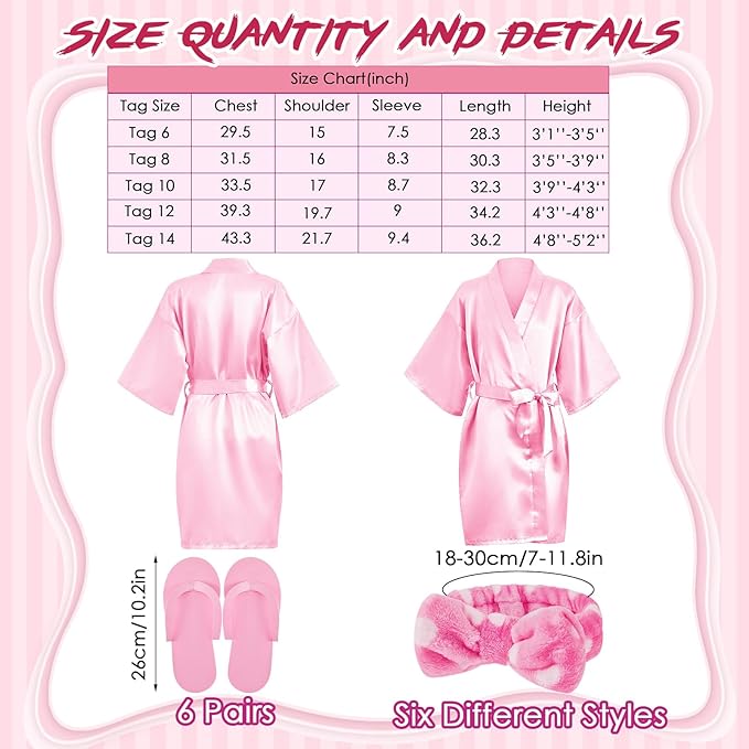 Jecery 18 Pcs Spa Party Supplies for Girls 6 Satin Kimono Robe 6 Spa Headband 6 Disposable Foam Pedicure Slippers (Pink,Size 12)