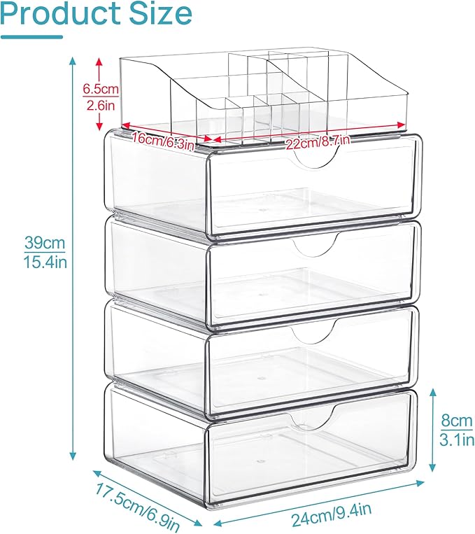 Vtopmart 5 Tier Clear Makeup Organizer with Drawer, Cosmetic Storage for Dresser Countertop and Bathroom Vanity, Beauty Holder for Lipstick Brush Skincare