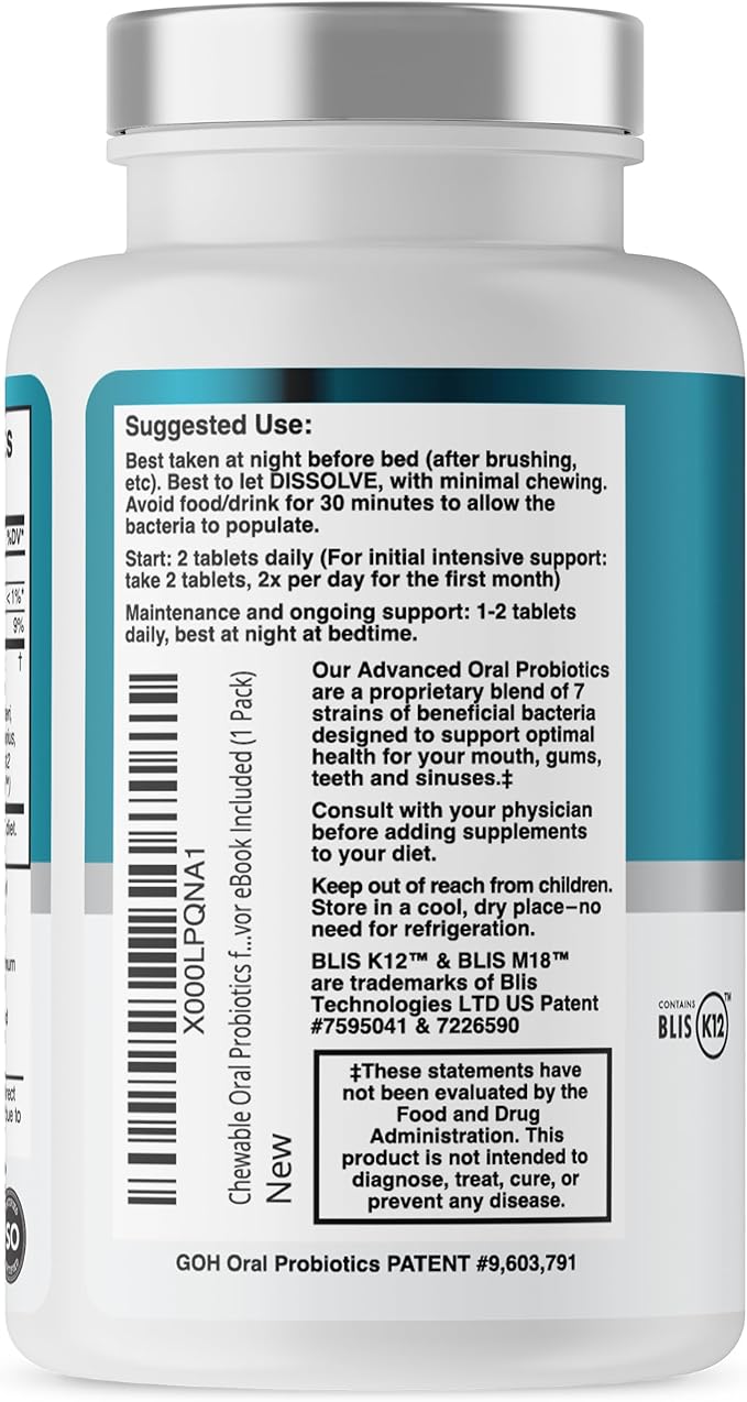 Oral Probiotics for Mouth Bad Breath Treatment for Adults; Dentist Formulated Dental Probiotics for Teeth and Gums Health & Chronic Halitosis with BLIS K12 M18, 60 Chewable Oral Health Tablets Mint