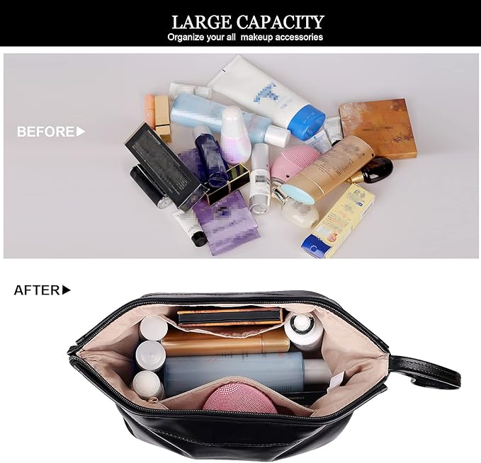 Abiudeng Large Capacity Makeup Bag Ladies Cosmetic Bag Travel Bag with Compartments Portable PU Leather Travel Makeup Bag with Handle