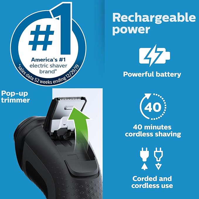 Philips Norelco Electric Shaver Trimmer Series Men's Shaver with PowerCut Blades & pop-up Trimmer