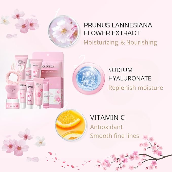 Skin Care Set Sakura Mother's Day Gifts for Mom - Skin Care for Teens 10-12 Gifts Japan - Skincare for Girls 10-12 - Gift Set for Women with Cleanser,Serum,Cream(One Size, 8PCS Sakura Scent)