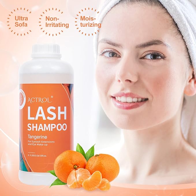 Eyelash Extension Cleanser Tangerines 1L Natural Lash Extension Shampoo Professional Eyelid Foaming Cleanser Paraben & Sulfate Free Non-lrritating with Salon and Home Care