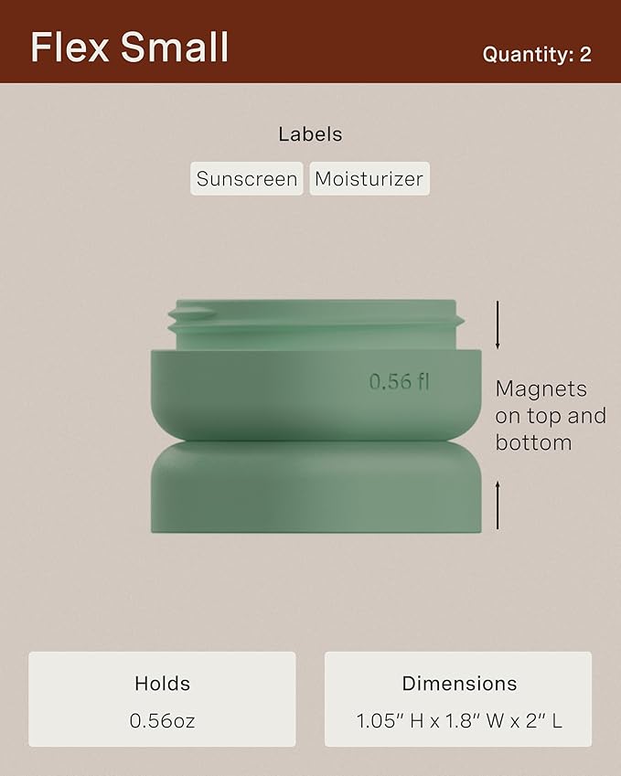 Cadence Travel Containers - Full Skincare Set - Magnetic Travel Capsules - 2 Small (0.56oz), 4 Medium Capsules (1.32oz), & Extender (1.43oz) with Multiple Labels for Better Organization - Evergreen