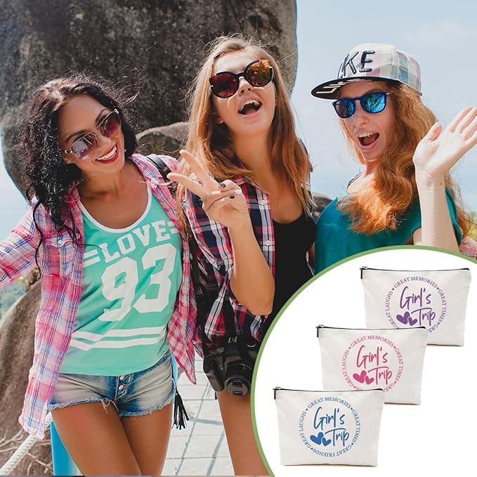 3Pcs Girls Trip Gifts Favors, 2025 Girls Weekend Gifts Funny Makeup Bag, Bestie Gifts Weekend Bag Vacation Cosmetic Bag, Friendship Gifts for Women Bestie BFF, Graduation Wedding Gifts Toiletry Bag