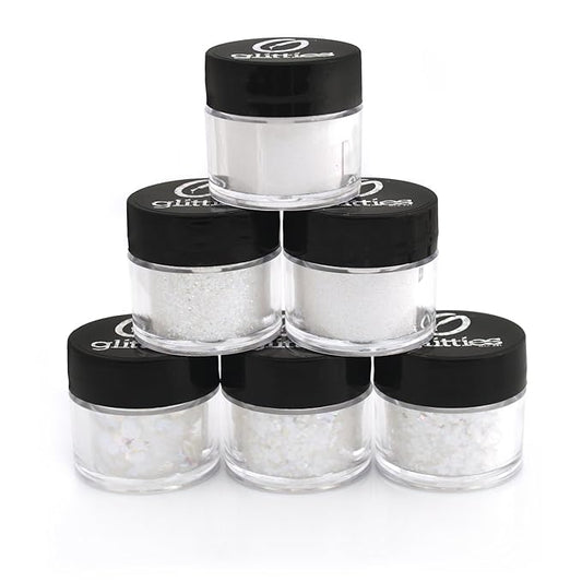(6PK) - Iridescent White Glitter Kit -6 Different Holographic Loose Glitter Sizes, Fine Powder, Hexagons & Square Glitter - Solvent Resistant & Cosmetic Grade for Nails & Skin - (60 Grams)