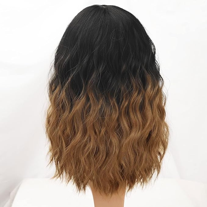 AISI HAIR Ombre Brown Short Wavy Bob Wigs with Bangs for Women Ombre Brown Wavy Wig Natural Looking Resistant Fiber Synthetic Hair for Daily