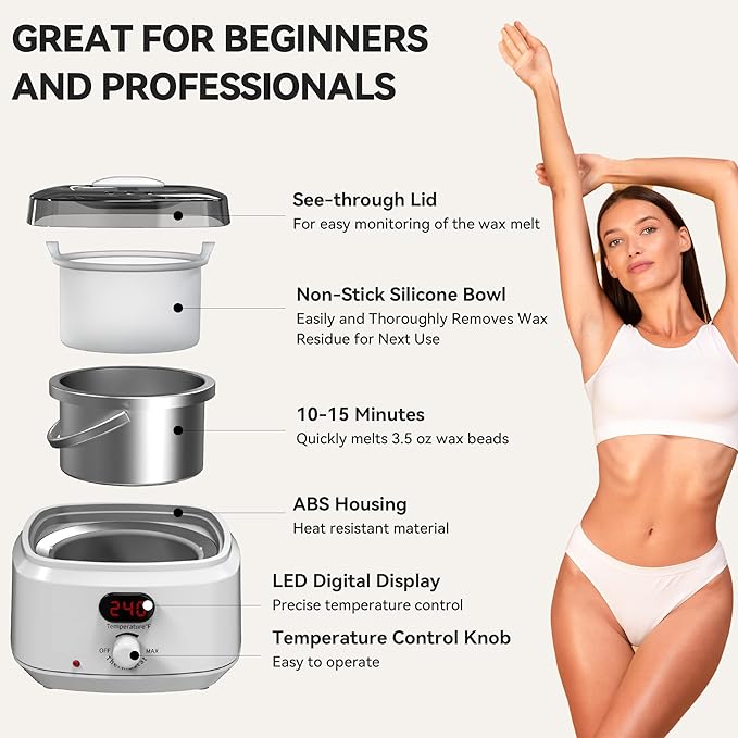 Waxing Kit for Women Men, Digital Wax Kit with Silicone Bowl & 4 Bags Hard Wax Beads, Portable Wax Warmer for Sensitive Skin Full Body Hair Removal, Brazilian Bikini, Eyebrow, Face (White)