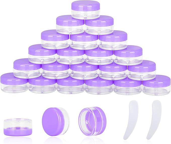 25PCS 3 Gram Sample Containers, 3ml Empty Jars with Lids, Small Cosmetic Containers, Mini Sample Jars with 2PCS Mini Spatulas for Make Up, Oils, Lotion, Powder, Paint, Jewelry, Lip Balms(Purple Lid)
