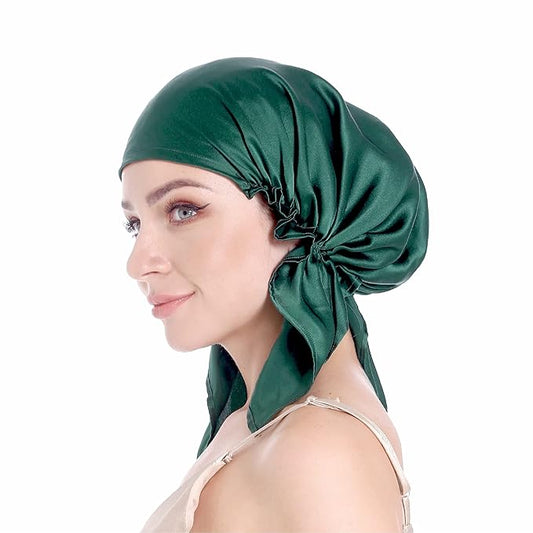 100% Silk Bonnet for Sleeping, Large Sleep Cap With Tie Band for Curly Hair Care, Hair Wrap (Emerald)
