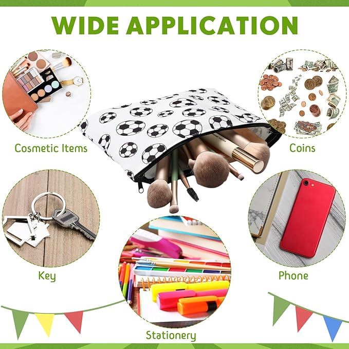 Eccliy 20 Pcs Soccer Makeup Bag Cosmetic Bag Canvas Gifts Sport Soccer Themed Accessories for Girls Toiletry Pouch with Zipper for Women Party Shopping Home Travel, 9 x 7 Inch