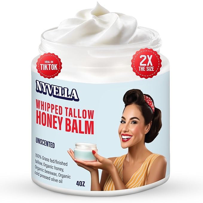 Beef Tallow for Skin – Grass-Fed Whipped Tallow Honey Balm with Beeswax & Olive Oil | 4oz Unscented Moisturizer for Face & Body | Deep Hydration for Dry, Sensitive Skin