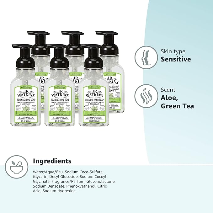 J.R. Watkins Foaming Hand Soap Pump with Dispenser, Moisturizing All Natural Hand Soap Foam, Alcohol-Free, Cruelty-Free, USA Made, Use as Kitchen or Bathroom Soap, Aloe & Green Tea, 9 fl oz, 6 Pack
