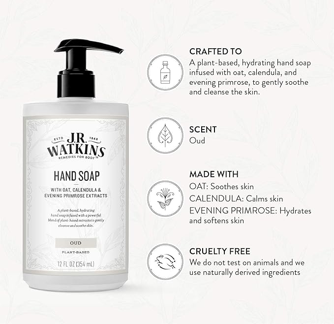 J. R. Watkins Moisturizing Gel Hand Soap, Oud, Plant-Based Ingredients, 12 oz Pump