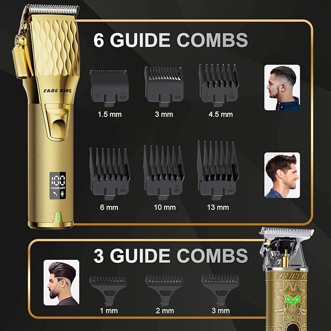 FADEKING® Professional Hair Clippers for Men - Cordless Hair Clippers, LCD Display Barber Clippers for Hair Cutting & Mens Grooming with Travel Case (Gold+Bronze)