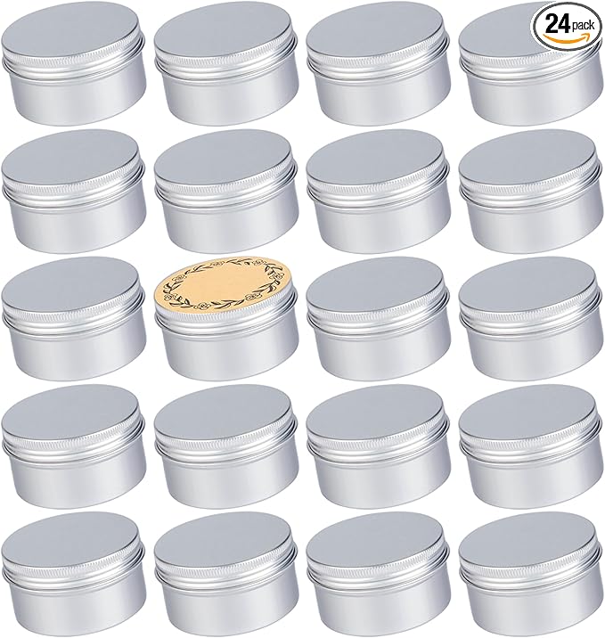 24 Pack 4oz Screw Top Aluminum Tin Jars with Screw Lids and Blank Labels - Refillable 120ml Metal Containers for Lip Balms, Candles, Salves, Spices, Crafts (Silver)