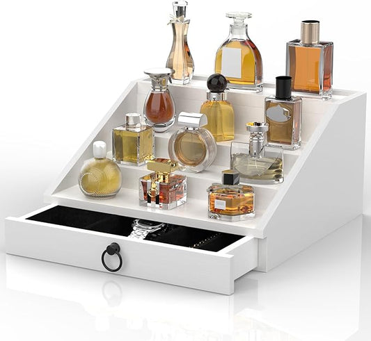 Wooden Cologne Organizer for Men Enhanced 4 Tier Cologne Stand Shelf Perfume Organizer with Velvet Lined Drawer & Hidden Storage Perfume Display Holder for Dresser Nice Gift (Elegant White)