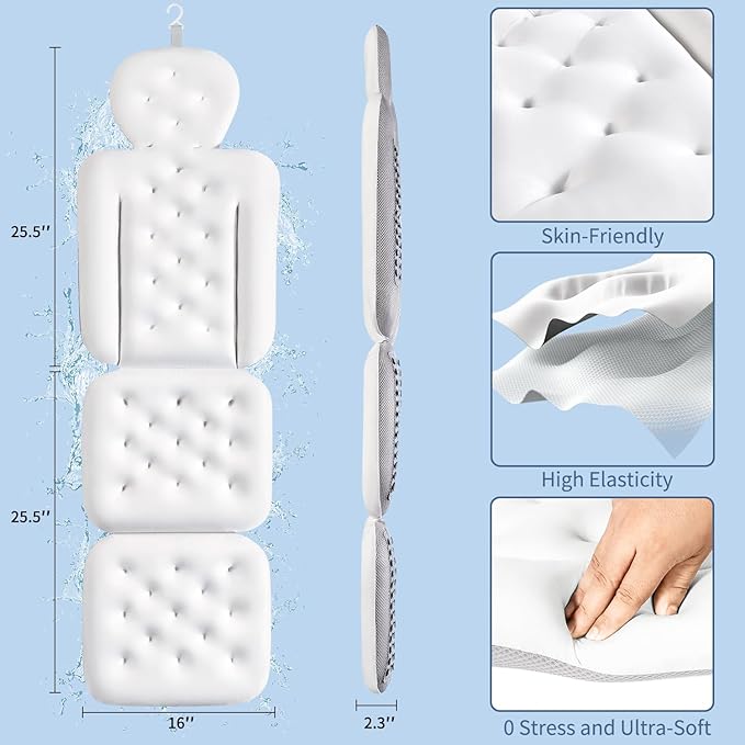 Luxury Bath Cushion, Full Body Bathtub Pillow with 160 Suction Cups, Bath Mat for Head and Neck Support, with Laundry Bag (White, 51.2" x 16.2")