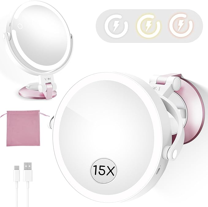 15X/1X Wall Mounted Magnifying Makeup Mirror with Power Suction Cup, Rechargeable Double Sided Regular HD/Magnification 3 Color Modes Adjustable Brightness Mirror with Lights for Bathroom, Travel