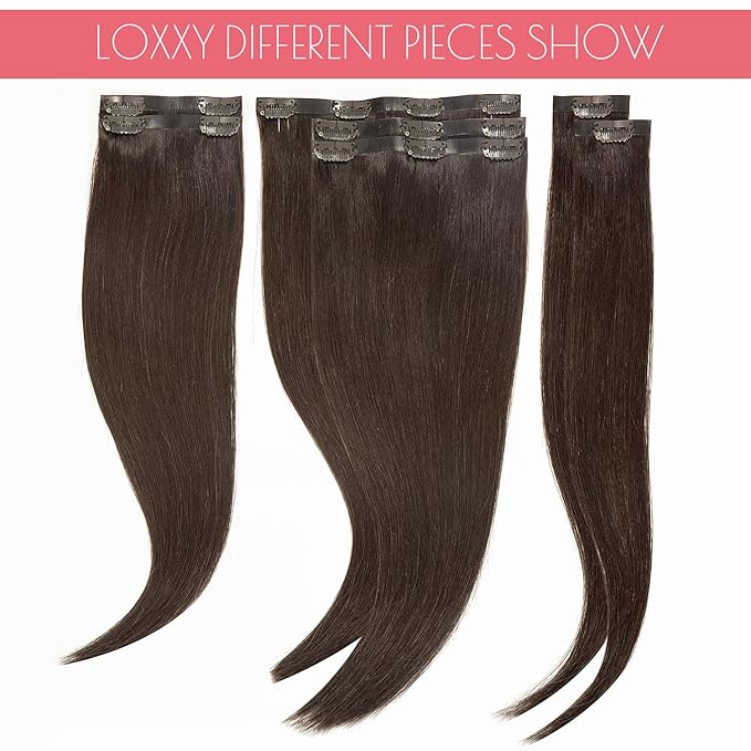 Loxxy Seamless Human Hair Clip in Extensions Light Dark Brown Remy Seamless Hair Extensions Clip ins Invisible PU Clip in Hair Extensions Real Human Hair For Women 7Pcs Silky Straight 16Inch 110G #2A