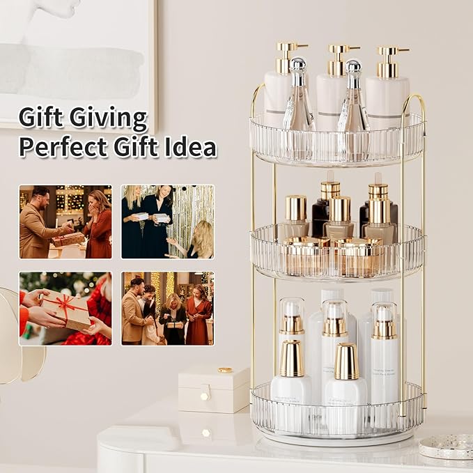360° Rotating Makeup Organizer for Vanity - 3 Tier Perfume Organizer with Large Capacity - Skincare Organizer for Bathroom Counter - Space-Saving Cosmetic Storage for Dresser Countertop (Clear)
