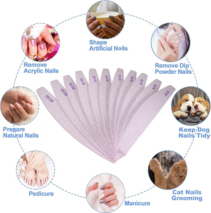 80/80 Grit Nail Files (10 Pack), Emery Boards for Acrylic Nails and Gel Nails, Coarse Nail File Double Sided 80 Grits Emory Professional Nail Filers Reusable Washable Manicure Curved Gray