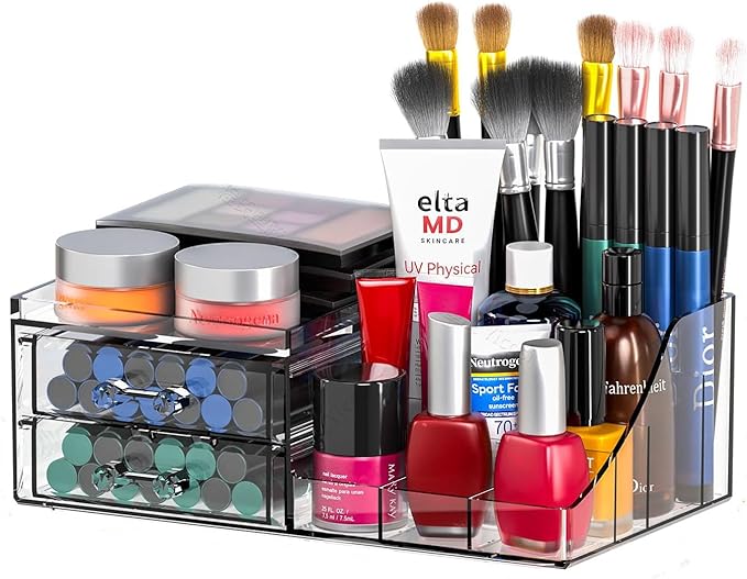 Cq acrylic Clear Makeup Organizer - 2 Drawer Vanity Makeup Holder for Skincare, Hair Clip, Jewelry and Beauty Storage - 1 Pack