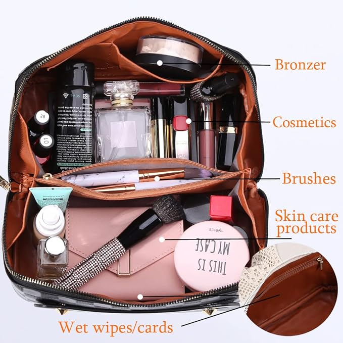 Cessfle Large Capacity Travel Cosmetic Bag Plaid Checkered Makeup Bag Portable Leather Waterproof Skincare Bag with Handle and Divider for Women, Black