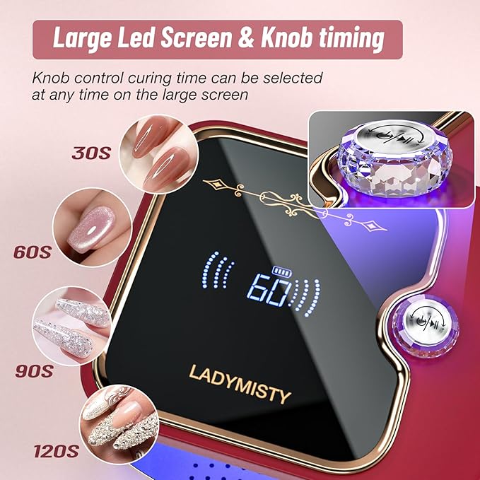 268W UV Nail Lamp Cordless, Rechargeable UV Light for Gel Nails with Convenient Knob & Full LCD Display Screen, Portable LED Nail Lamp, Professional Nail Dryer for Nail Salon & Home Use