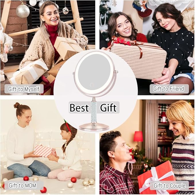 7" Rose Gold Glitter Diamond Rhinestone Makeup Mirror,360°Rotate Round Tabletop Vanity Mirror Double Sided 1X/10X HD Undistorted Magnifying Mirror,Portable Vanity Women Gift (Rose Gold)