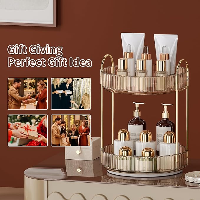 360° Rotating Makeup Organizer for Vanity - 2 Tier Perfume Organizer with Large Capacity - Skincare Organizer for Bathroom Counter - Space-Saving Cosmetic Storage for Dresser Countertop (Gold)