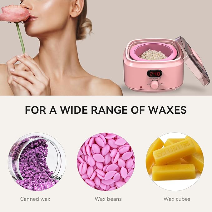 Waxing Kit for Women Men, Digital Wax Kit with Silicone Bowl & 4 Bags Hard Wax Beads, Portable Wax Warmer for Sensitive Skin Full Body Hair Removal, Brazilian Bikini, Eyebrow, Face (Pink)