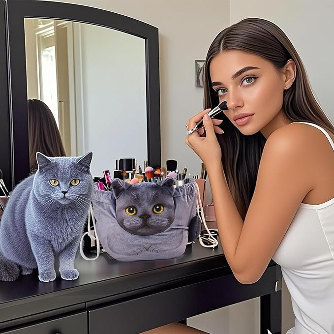 Openhaha Drawstring Makeup Organizer, Travel Cosmetic Pouch - Cat Gift for Women, Lay Flat Makeup Bag Gifts for Cat Lovers
