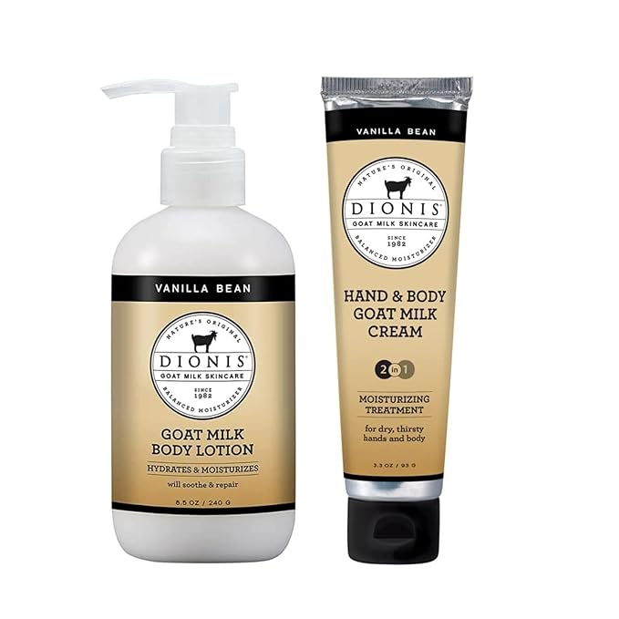 Dionis Goat Milk Skincare Vanilla Bean 8.5oz Hydrating Body Lotion and 3.3oz Hand & Body Moisturizing Travel Size Cream Scented Bundle, Natural Ingredients, Made in the USA, Cruelty Free, Paraben Free