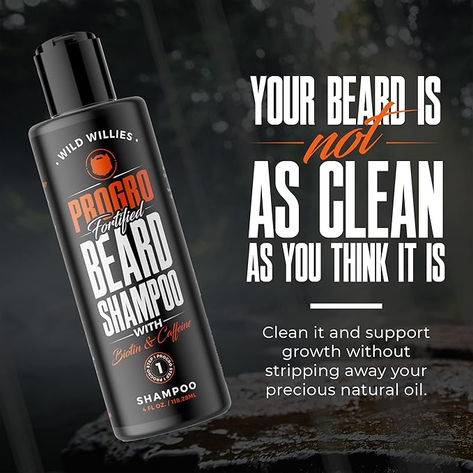 Wild Willies PROGRO Beard Growth & Revitalizing Shampoo with Biotin & Caffeine for Facial Hair Growth, Hydration & Softener, Beard wash for men, 4oz