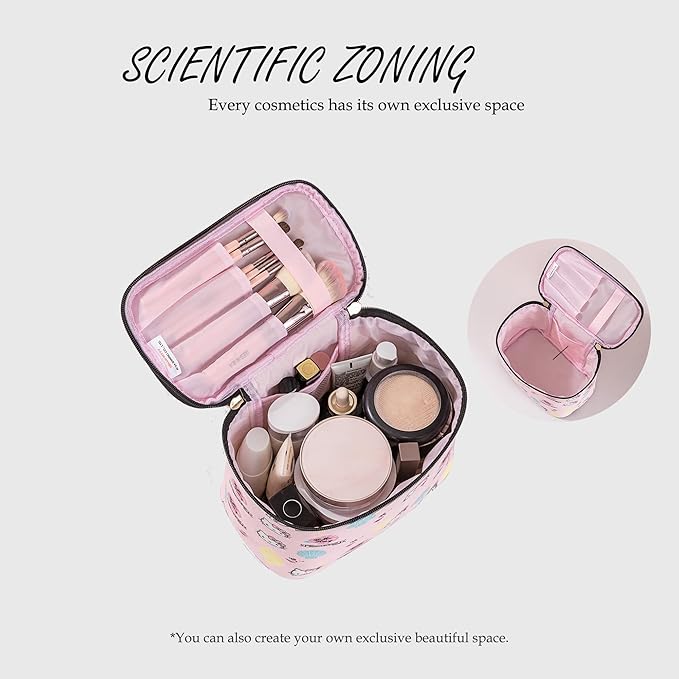 AmBealla Cosmetic Bag Large Makeup Bags Pink Travel Case with Makeup Brush Holder,Cosmetic Organizer for Women, Toiletry Bag for Skincare & Beauty Tools Sweet Cute for Girls