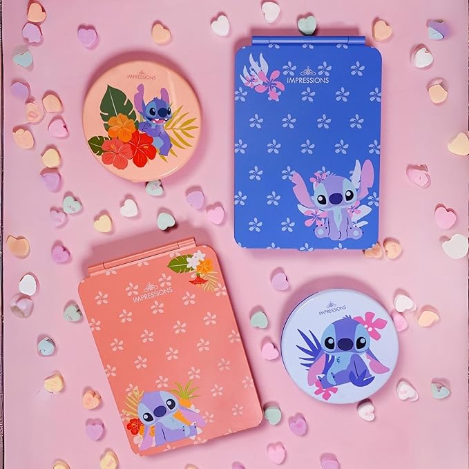Impressions Vanity Disney Stitch Compact Mirror with Light, Double Sided Cute Travel Makeup Mirror with Magnification, Daylight LED Lighting, Adjustable Brightness, and Touch Control (Coral)
